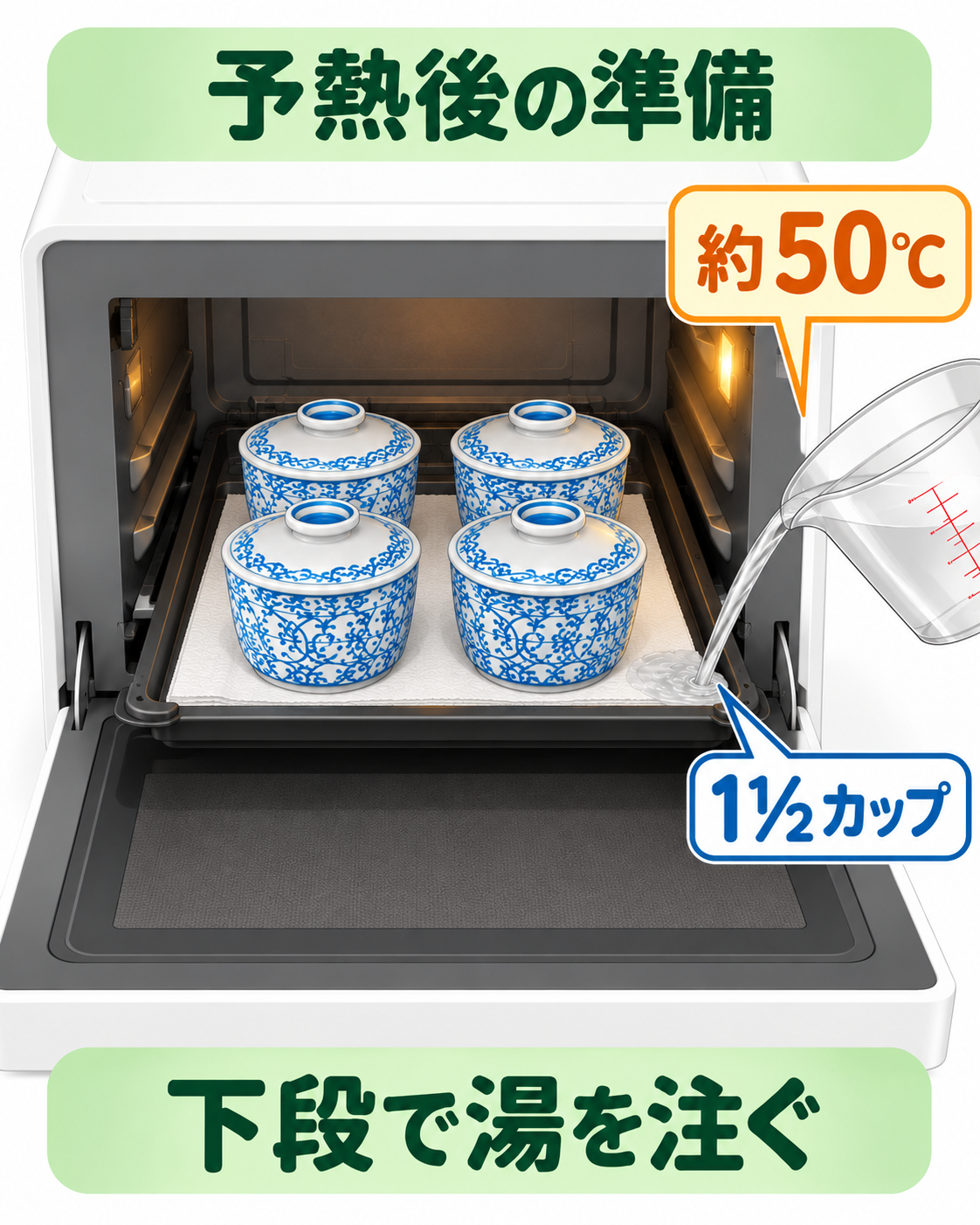 予熱後、下段の皿に共ぶた付き容器を置き、約50℃の湯を1½カップ注ぐ準備