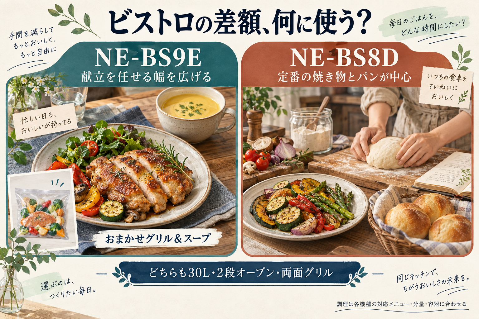 NE-BS9Eのおまかせ料理とNE-BS8Dの基本調理を献立で選ぶ図