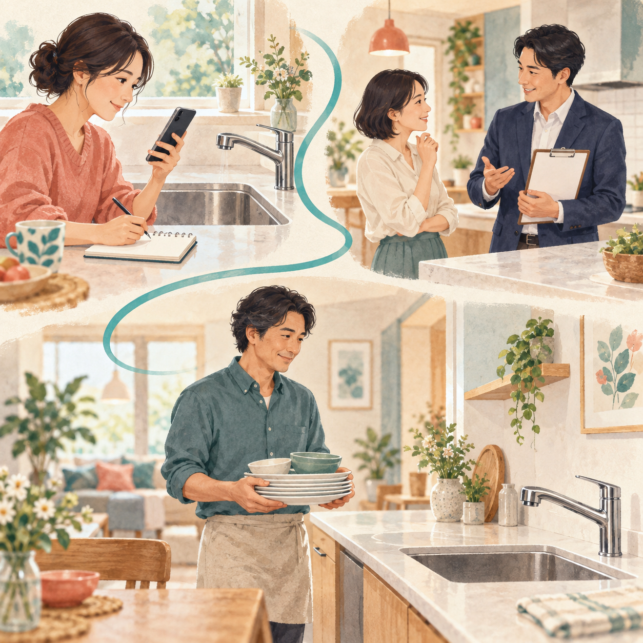 蛇口を調べ、設置を相談し、食器を片付ける3場面の生活イラスト