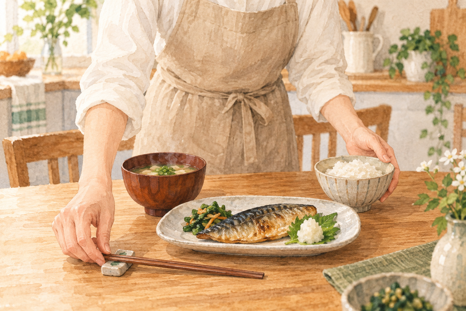 焼き魚の定食と箸を食卓に用意する人のイラスト
