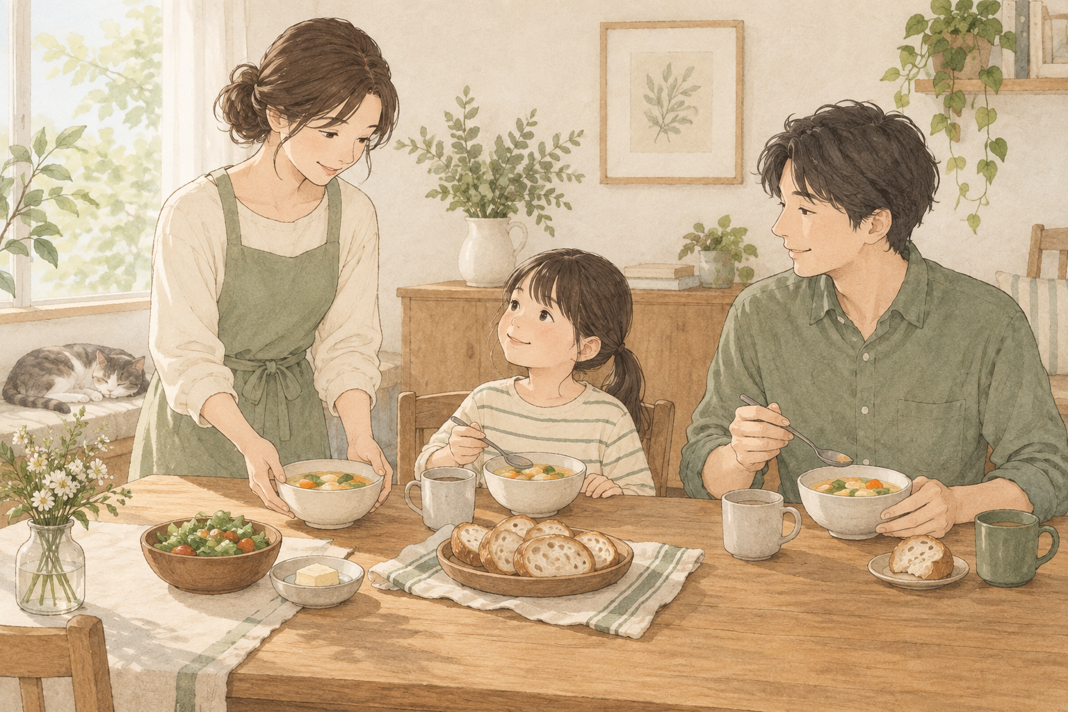 家族が具材のあるスープを囲む食卓の生活場面。