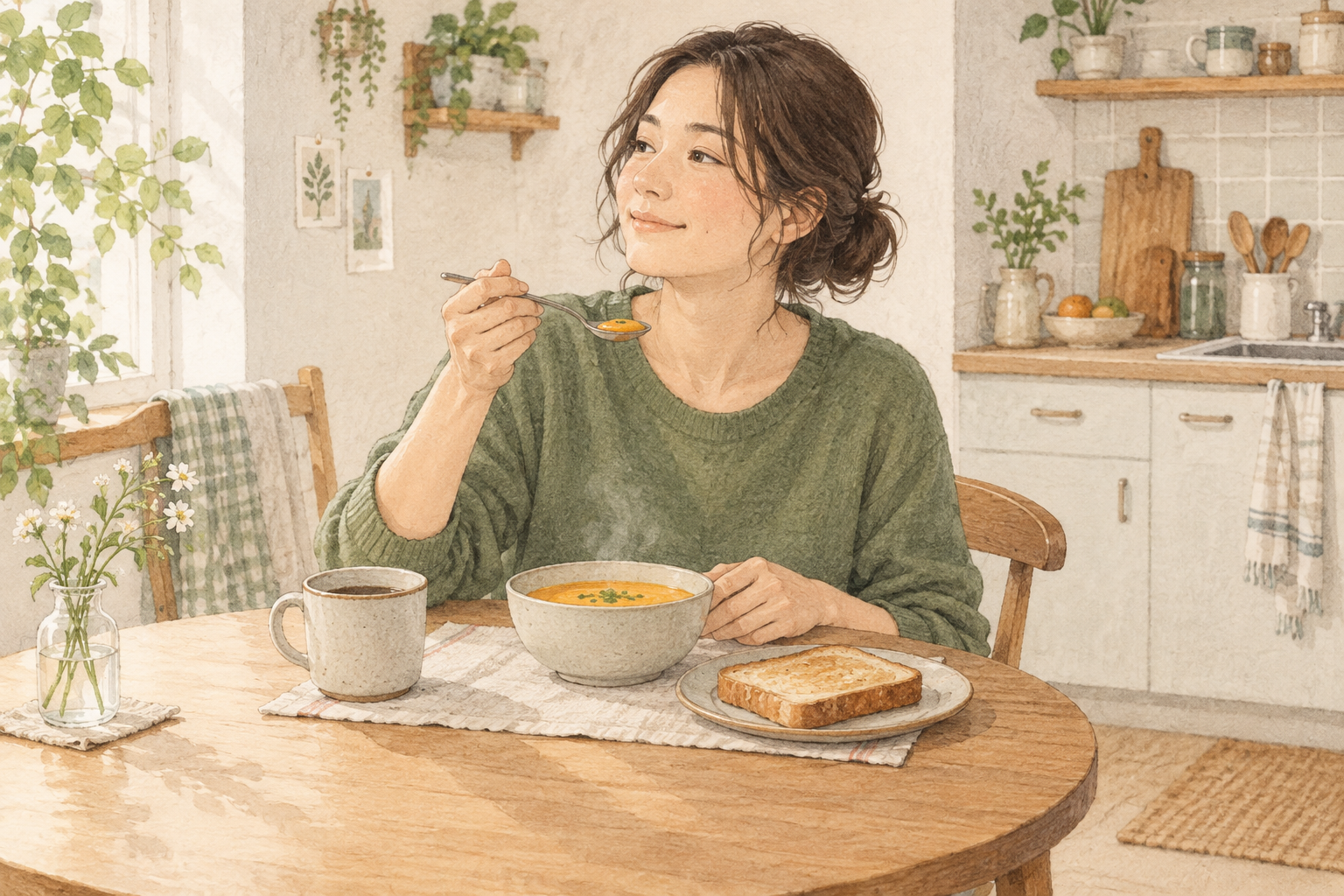 小さな食卓でスープとパンの朝食を楽しむ生活場面。