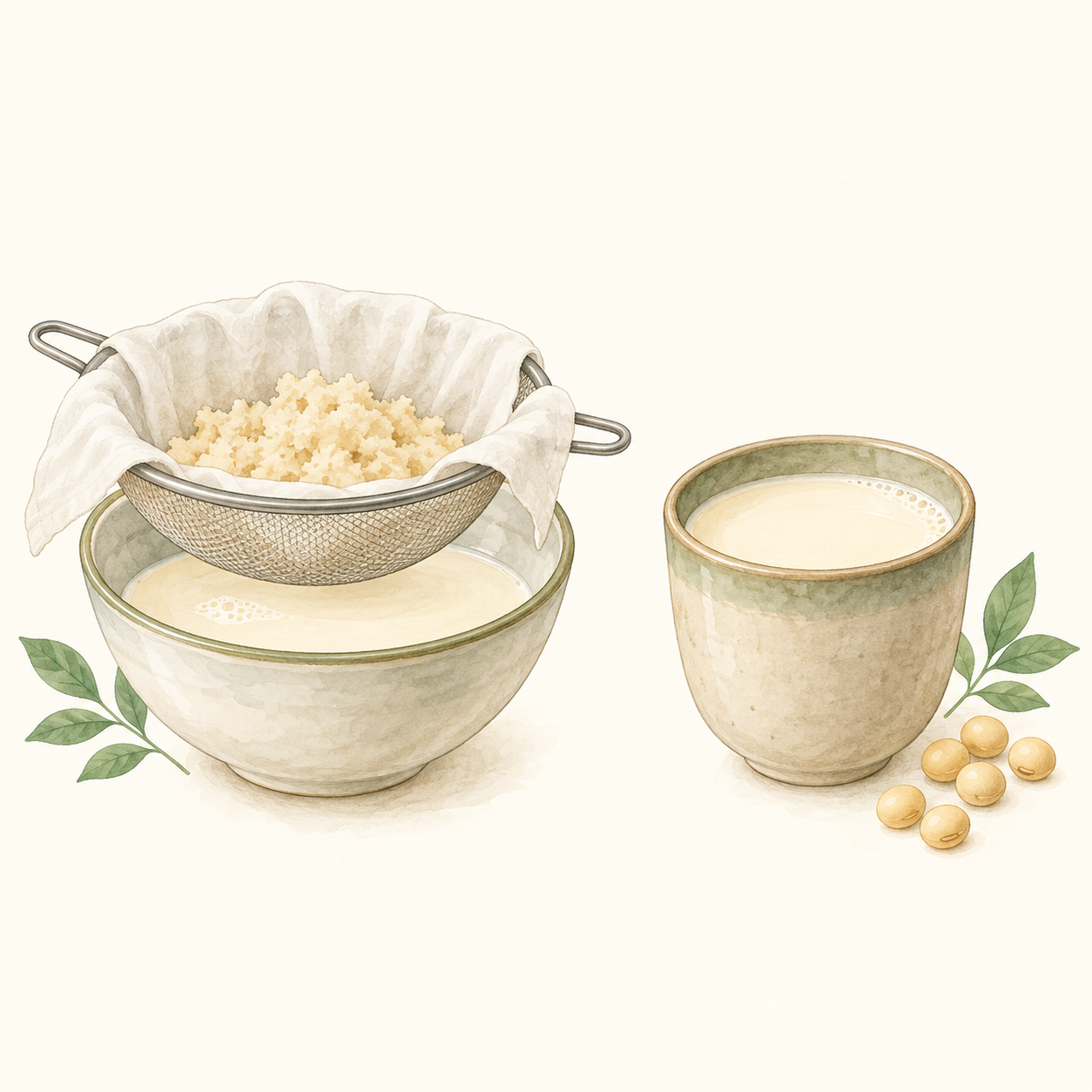 豆乳をざると布でこし分ける道具と、そのまま飲む豆乳のカップ。工程の選択を補うイラスト。