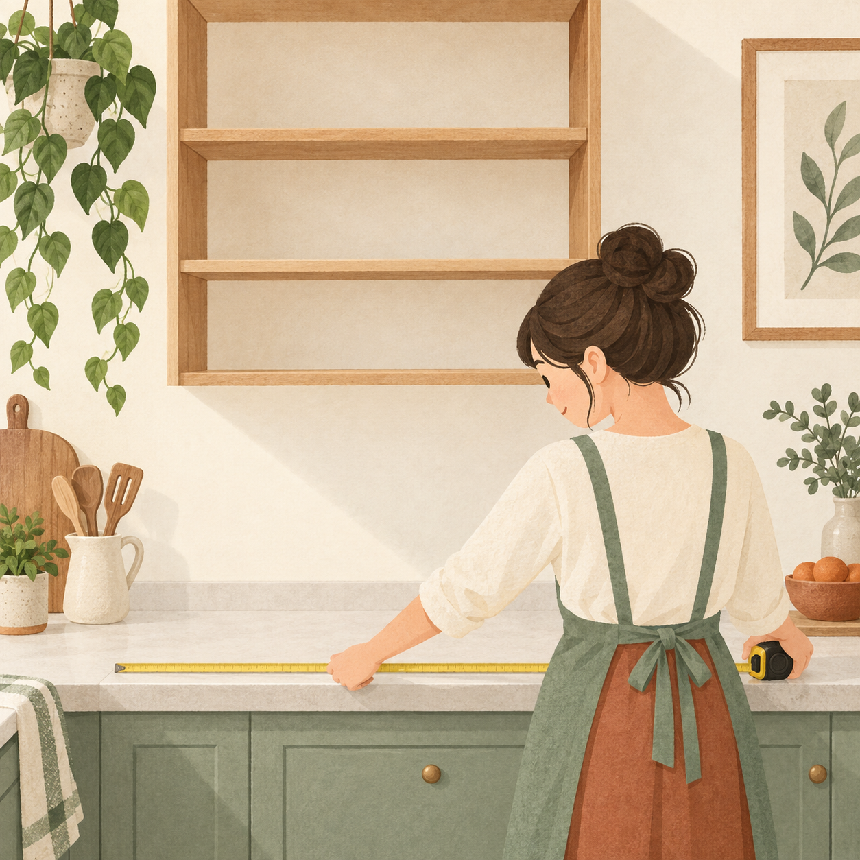 キッチンの棚と台を採寸する生活場面のイラスト
