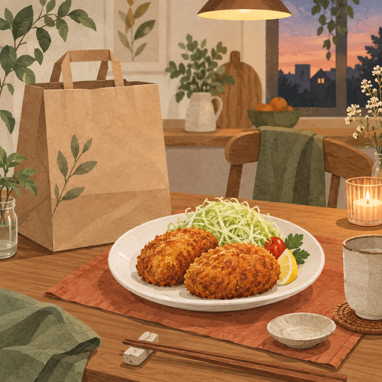 買ってきた揚げ物を夕食に取り入れるイメージ