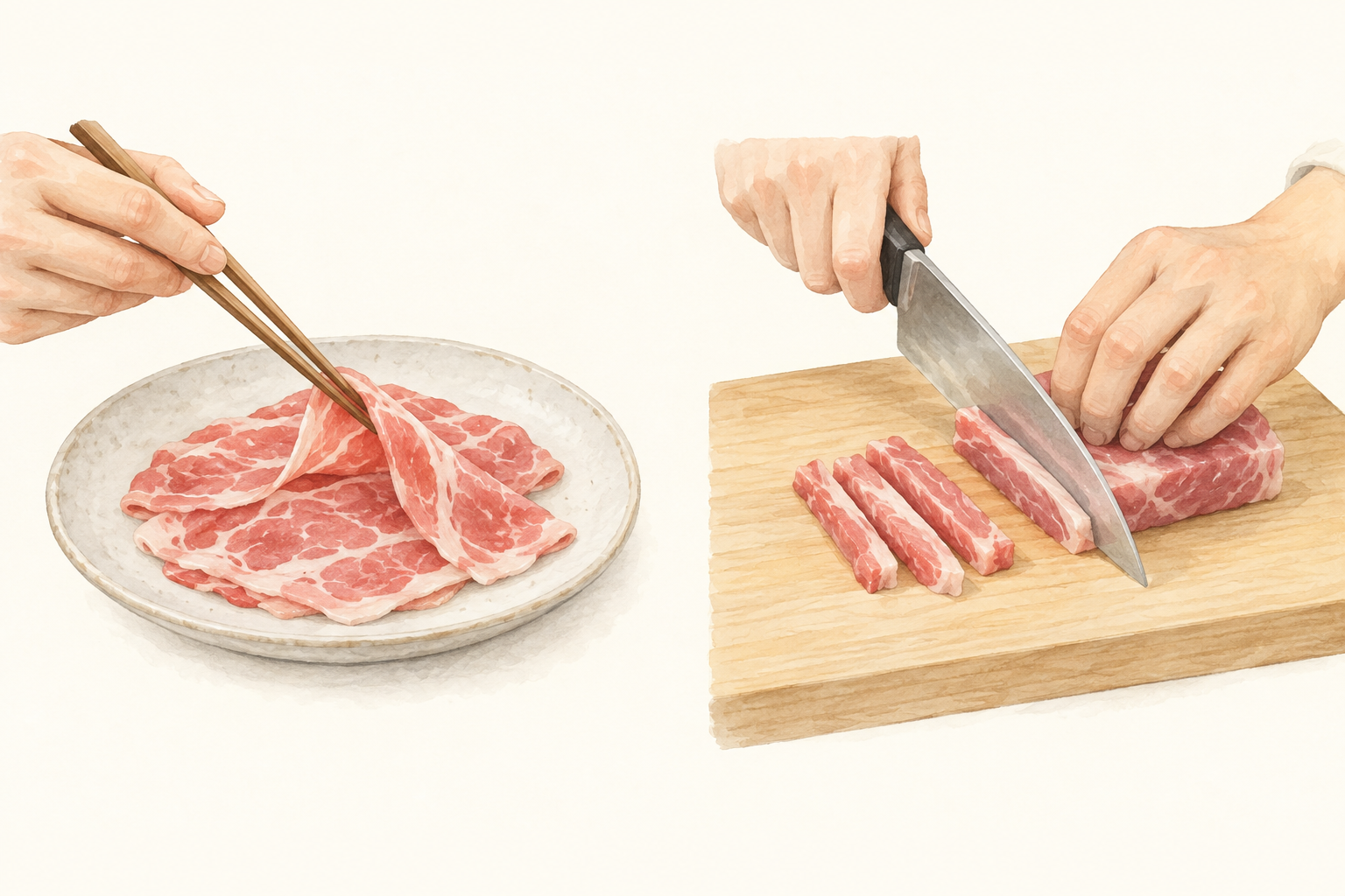 左は薄切り肉をほぐす作業、右は形を保つ肉を包丁で切る作業のイラスト