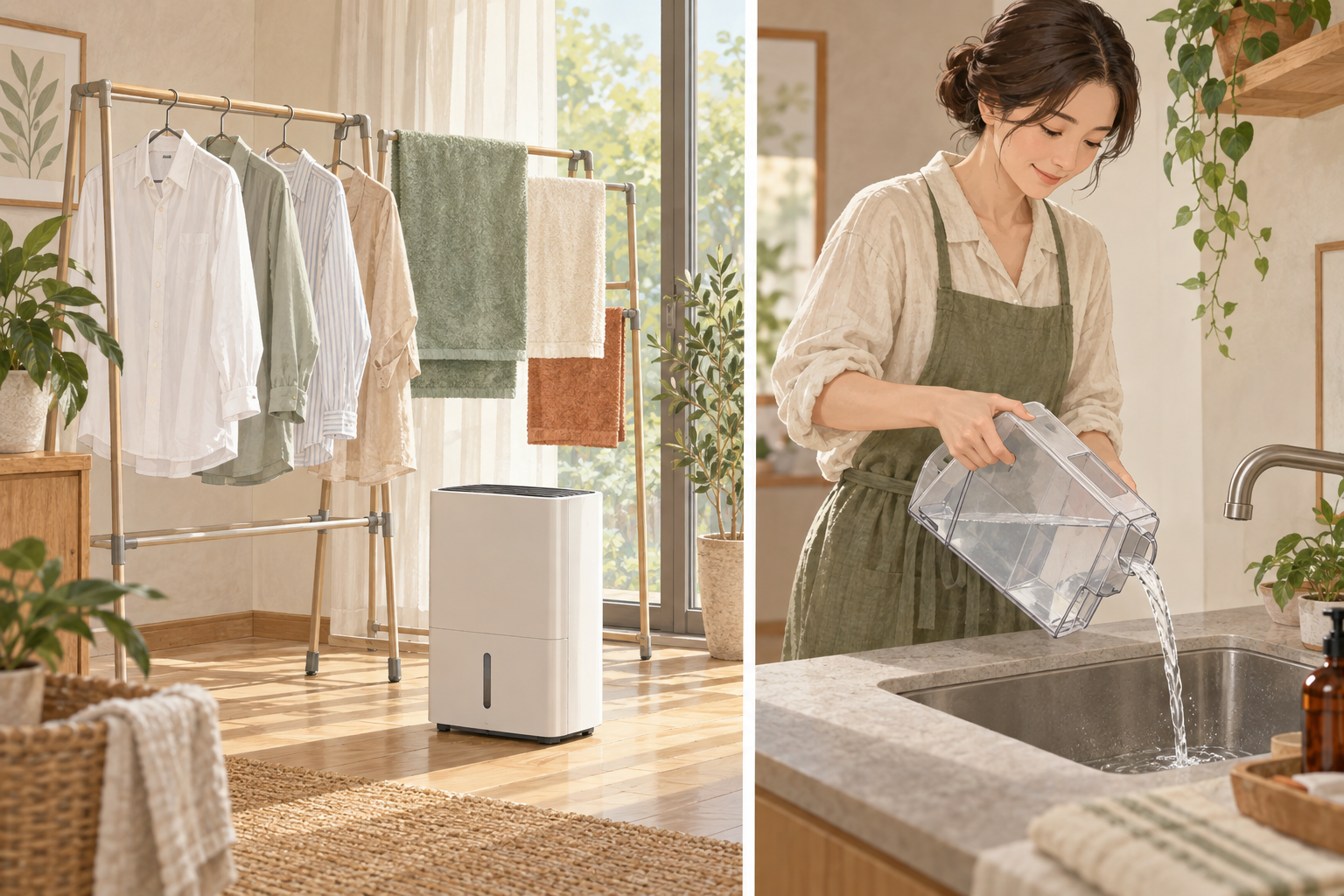 部屋干しと除湿機の排水を空にする生活イメージ