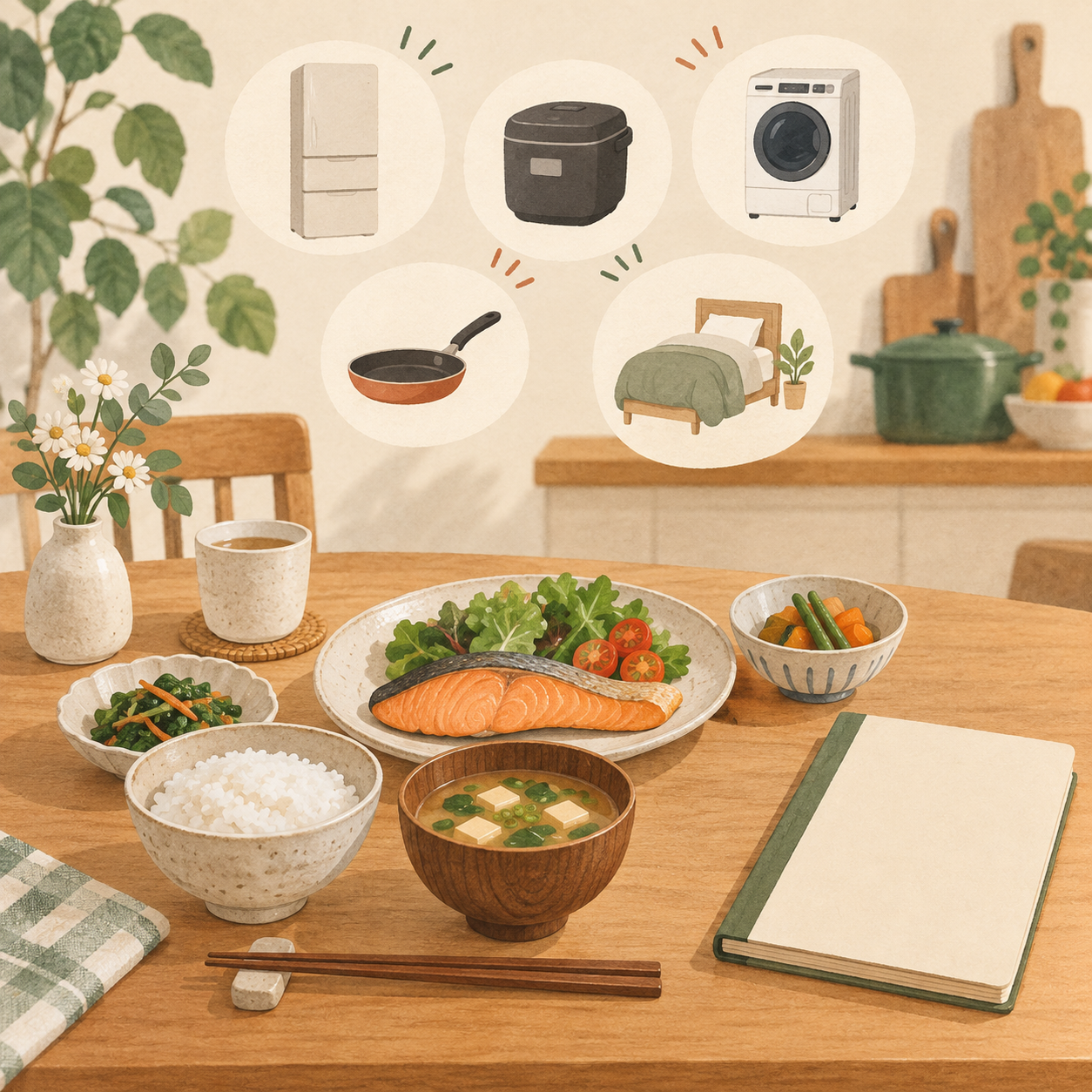 食卓と家計ノート、暮らしの予算を考えるイメージ