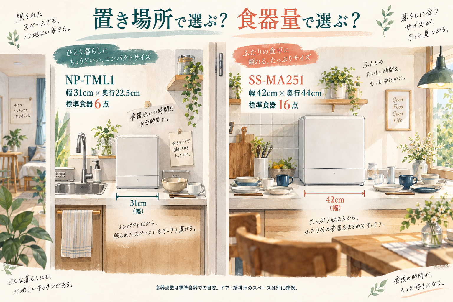 NP-TML1の幅31cm・奥行22.5cm・標準6点とSS-MA251の幅42cm・奥行44cm・標準16点の選び方