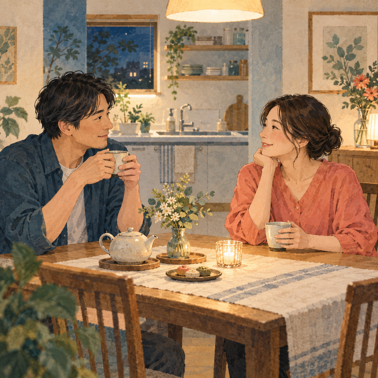 食後にお茶を飲みながら過ごす生活イラスト
