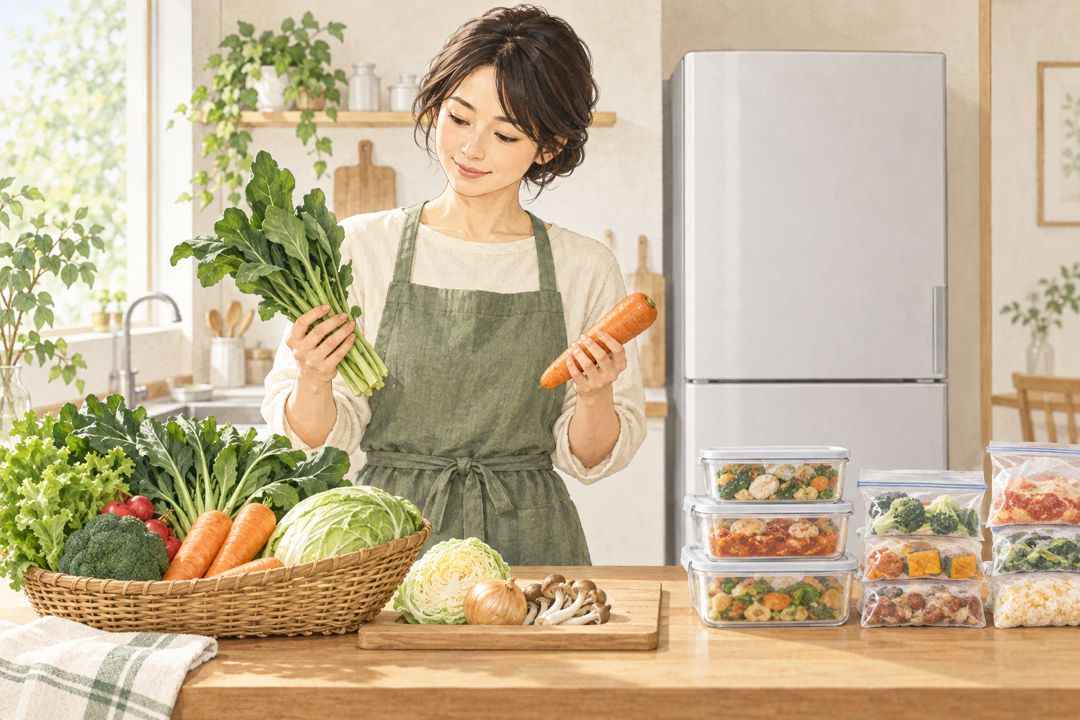 冷凍・冷蔵の食材を準備する生活場面のイラスト