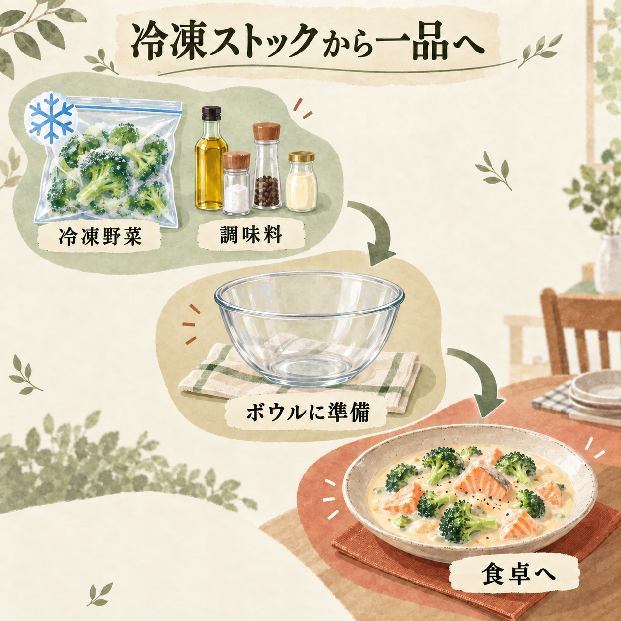 冷凍野菜と調味料をボウルに準備して食卓へつなぐ概念図。実際の調理は指定レシピと付属ボウルを使用。