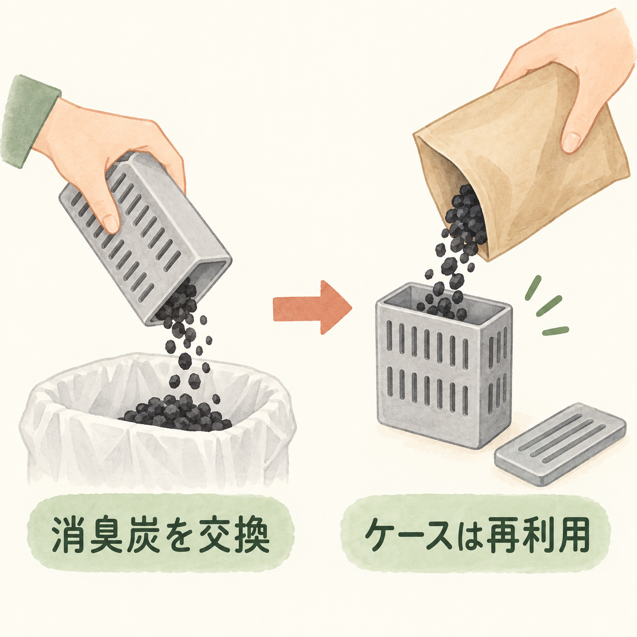 古い消臭炭を取り出し、ケースを再利用して新しい炭を詰める考え方の補助イラスト。実機部品や付属品形状の再現ではない。