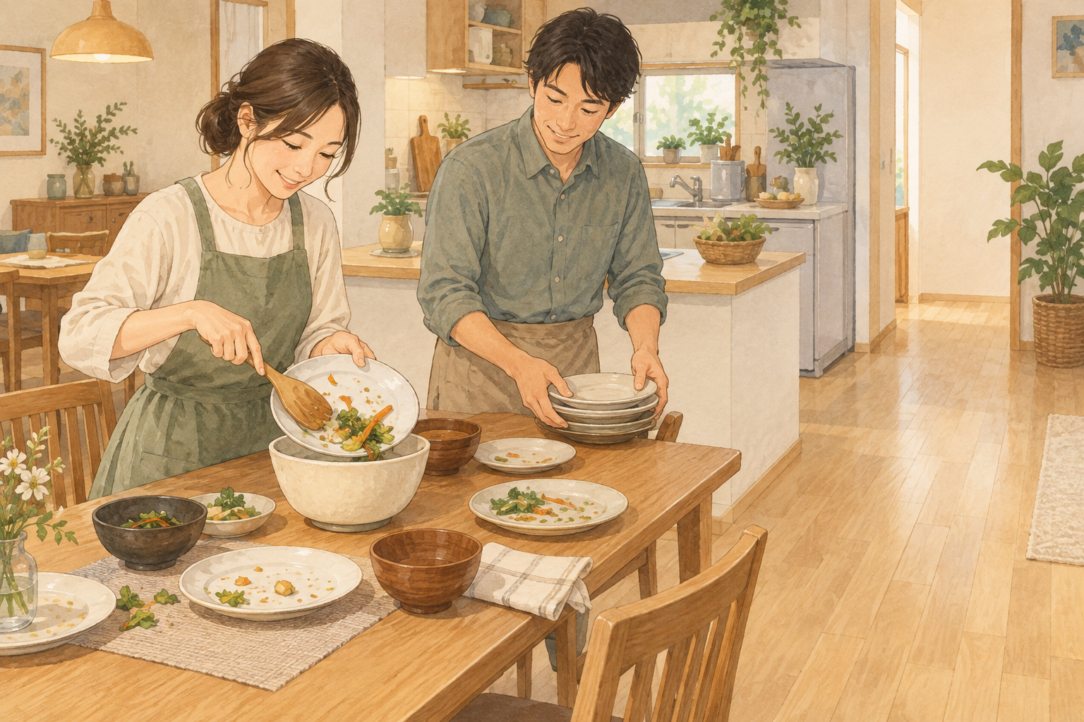 食後に皿を片付けながら残りをまとめる生活場面。家族人数と処理能力を一律に対応させない。