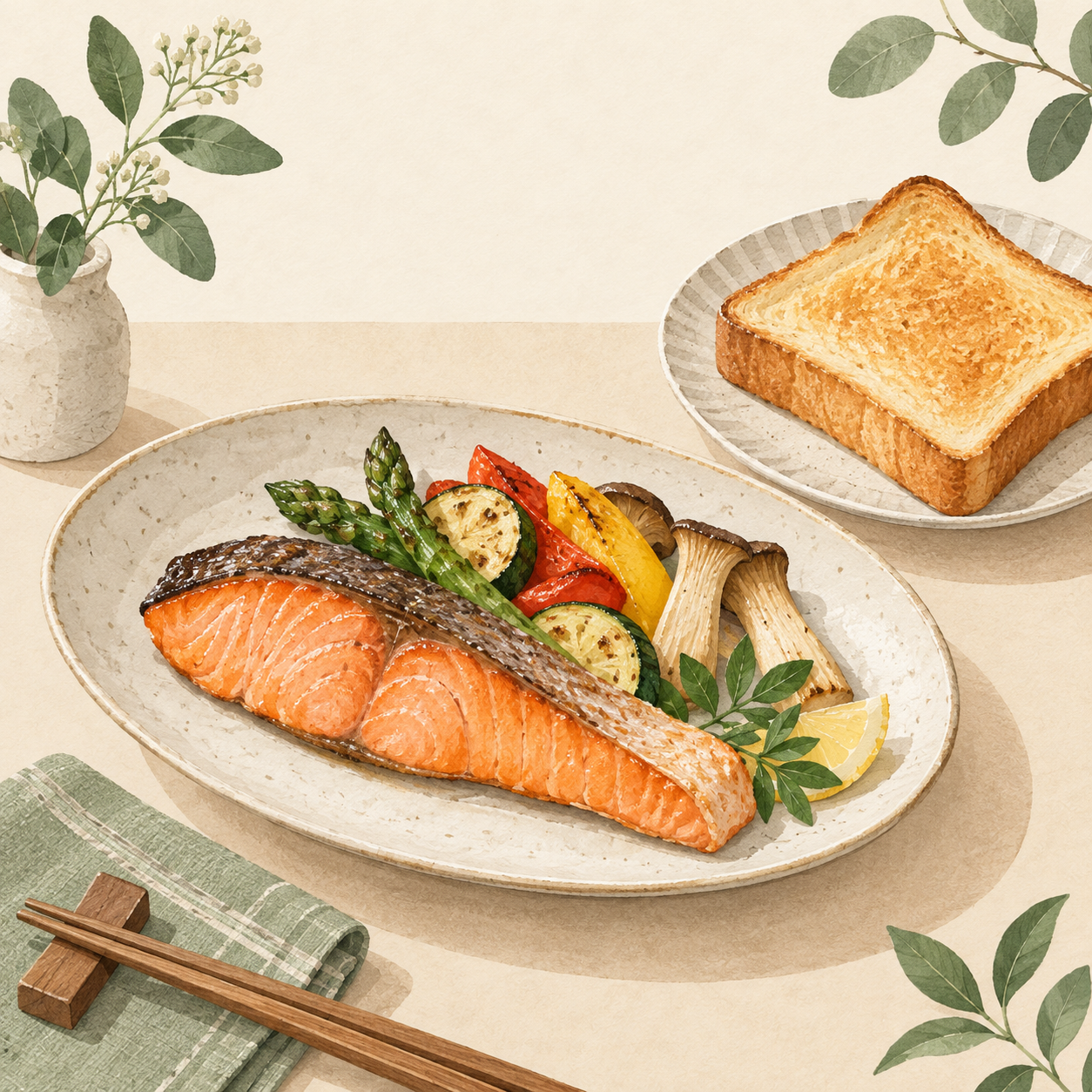 焼き魚とトーストを日常に使うイメージ