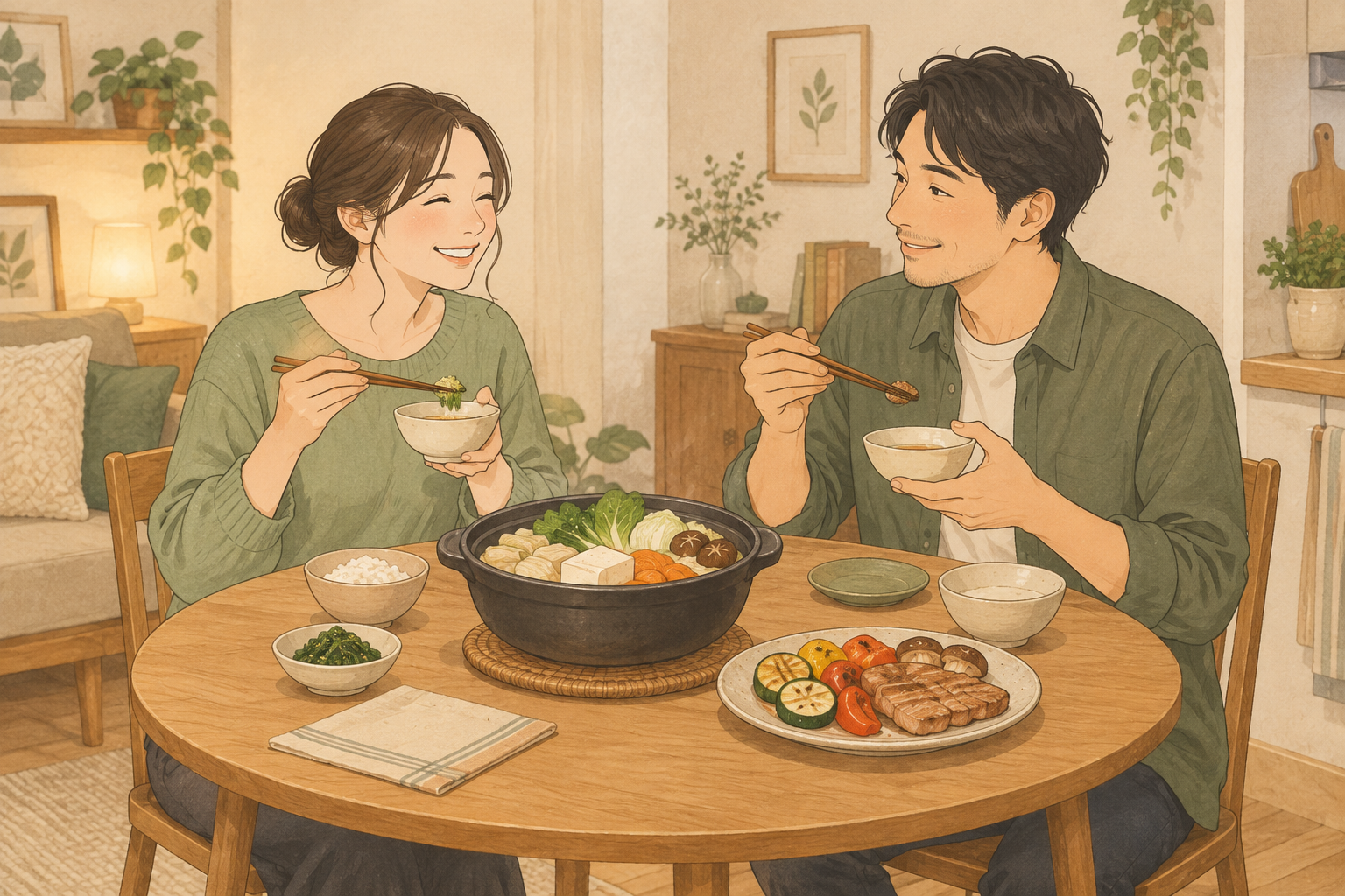 小さな食卓で2人が鍋料理と焼きもののある食事を楽しむ生活場面
