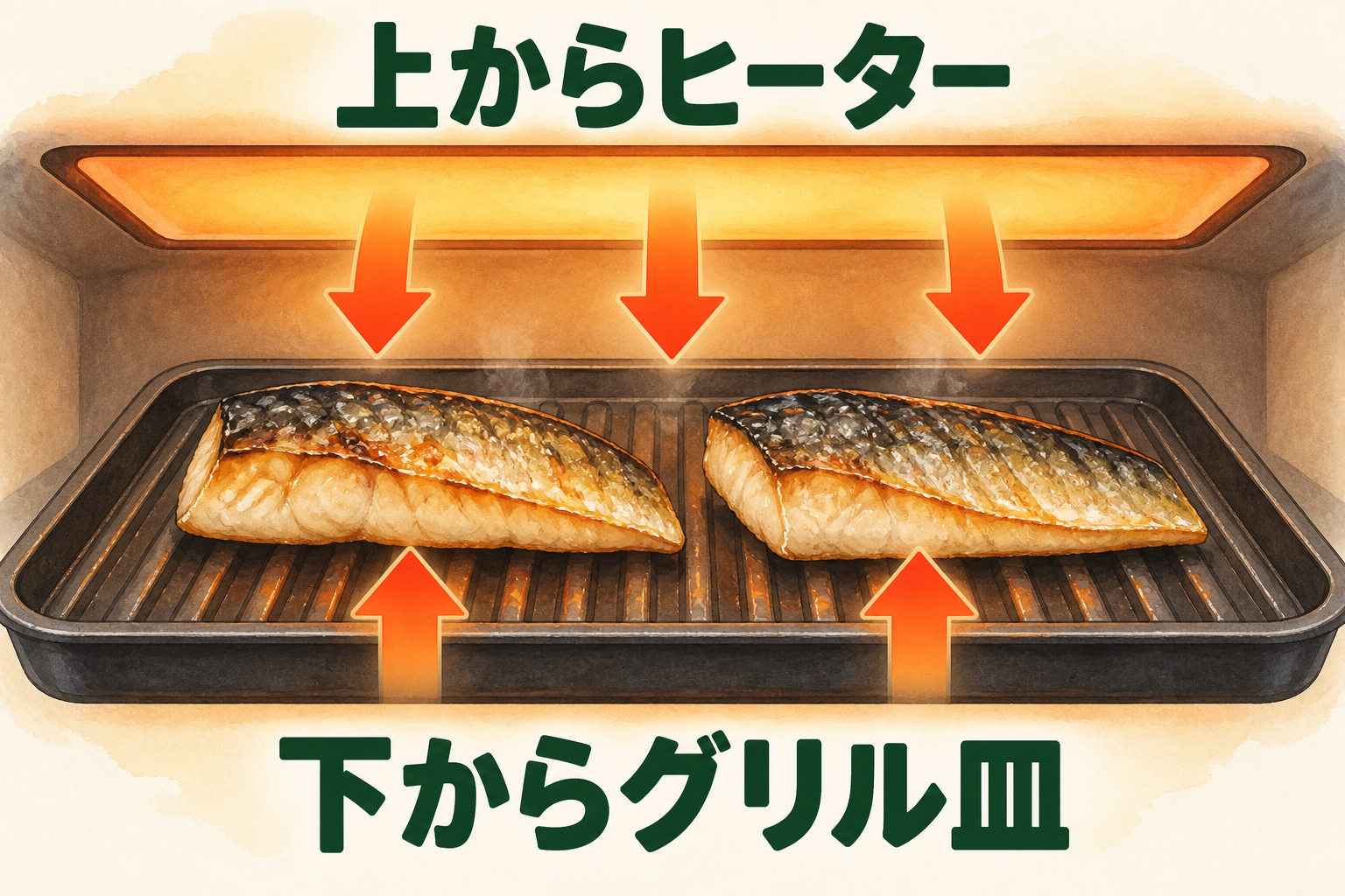 魚を上のヒーターと下のグリル皿で両面から加熱する様子