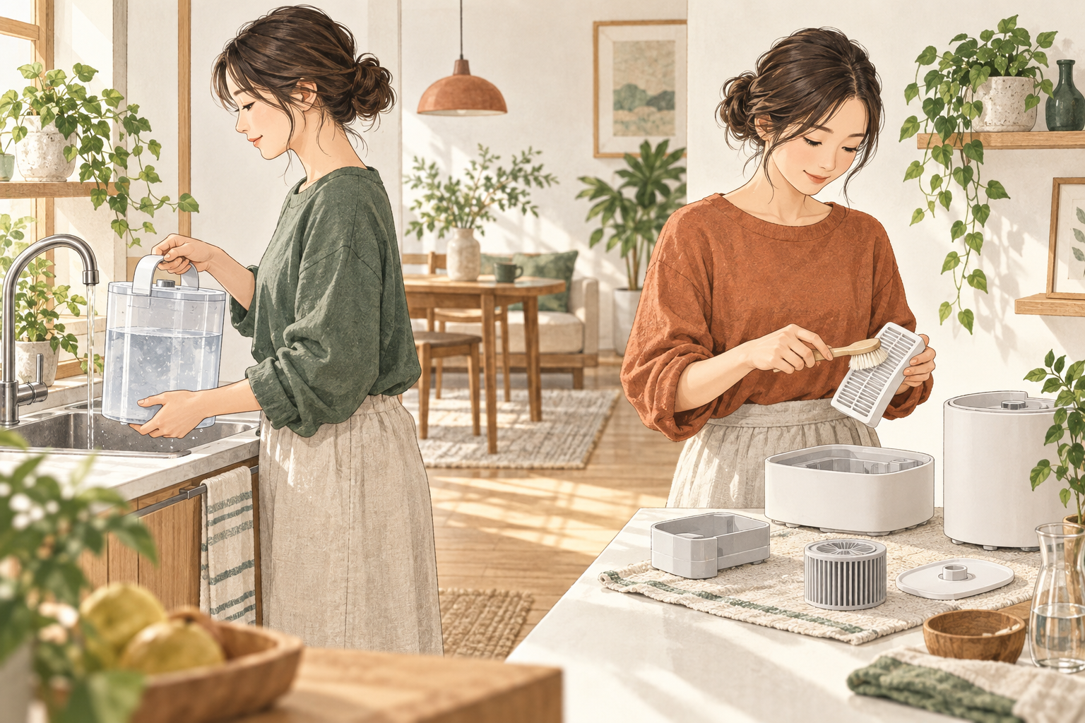 給水と加湿器の手入れを考える生活イラスト