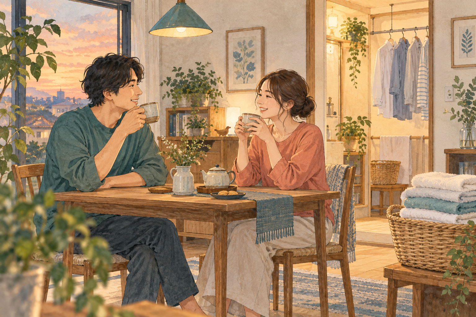 洗濯物を片づけた後にお茶を楽しむ暮らし