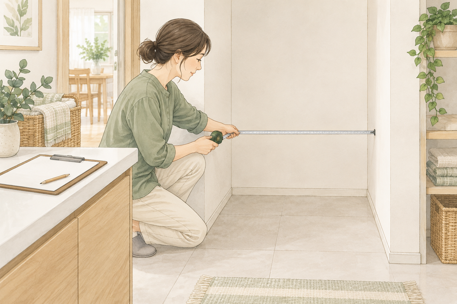 家電のない設置予定場所でメジャーを使う人物の概念イラスト。製品や施工例ではありません。