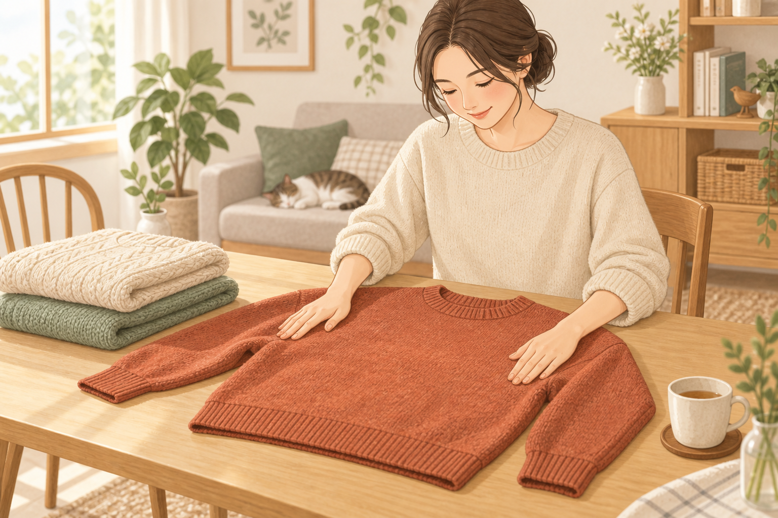 休日に、数枚の衣類を用意してニットを整える人