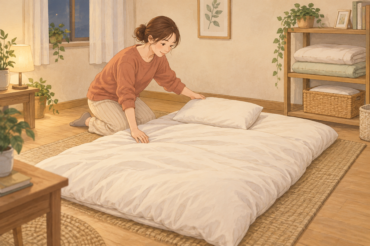 1組のふとんを整える生活場面