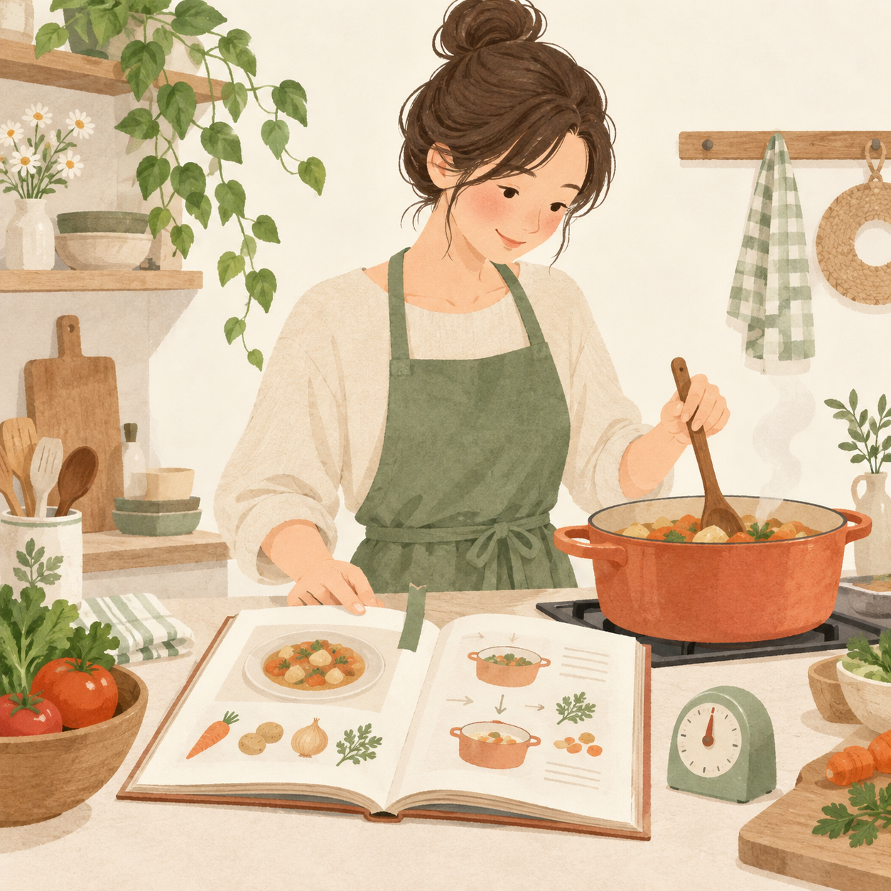 紙のレシピを見ながら定番料理を作る場面