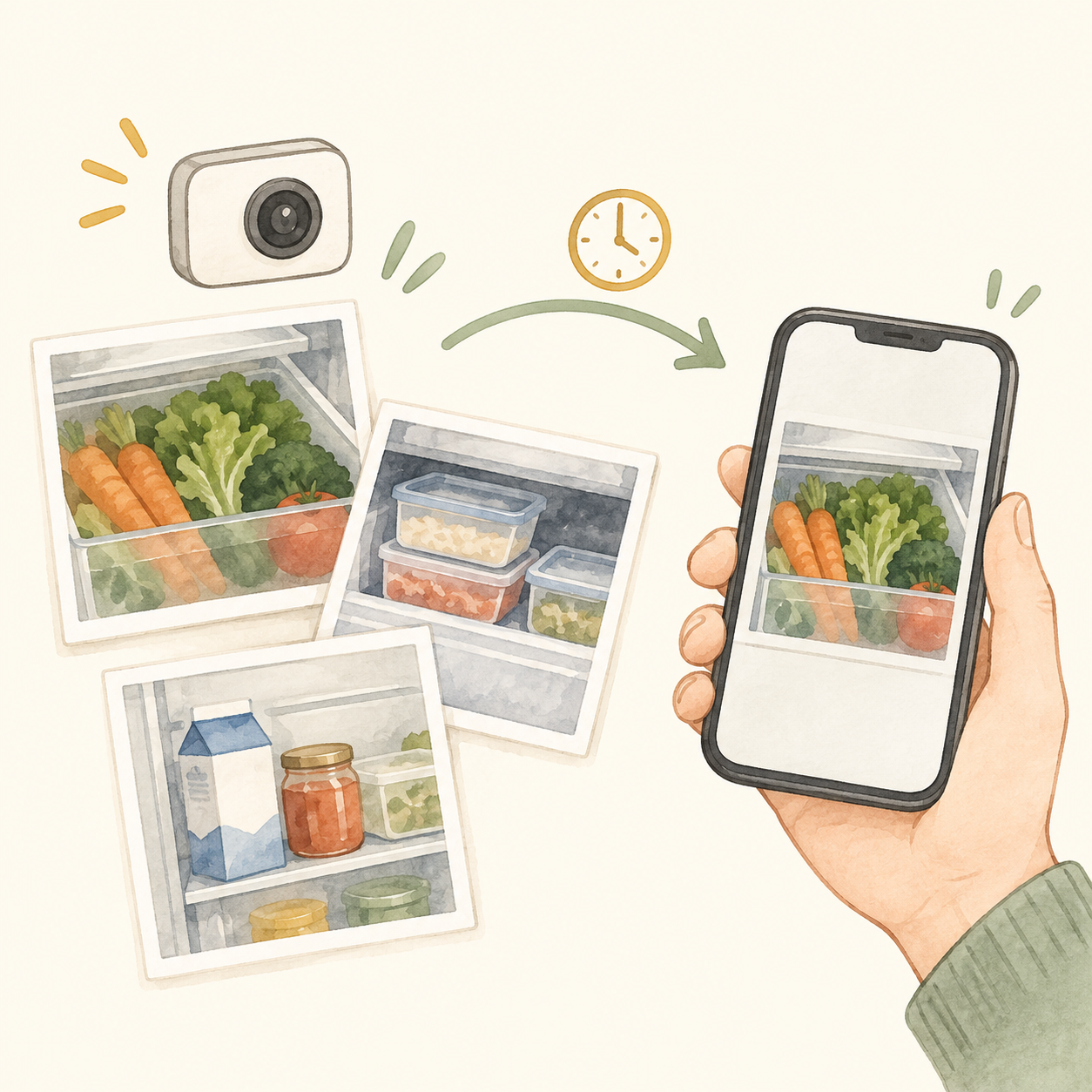 カメラの記号と3枚の食品写真から、時計と矢印を経てスマートフォンへつながる、写真更新の概念イラスト。