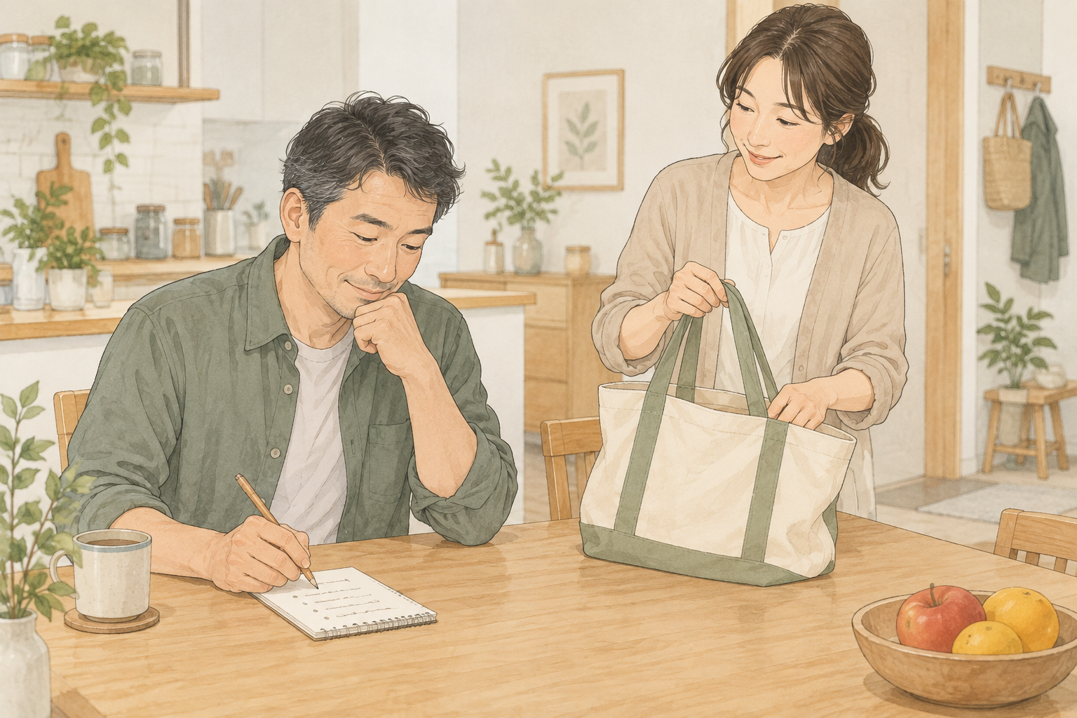 買い物前にメモと再利用バッグを準備する人たち。