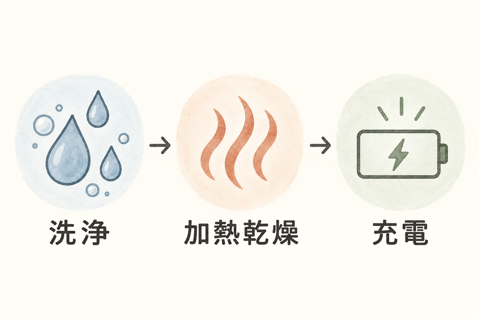 洗浄、加熱乾燥、充電の機械に任せる工程を示す補助イラスト。