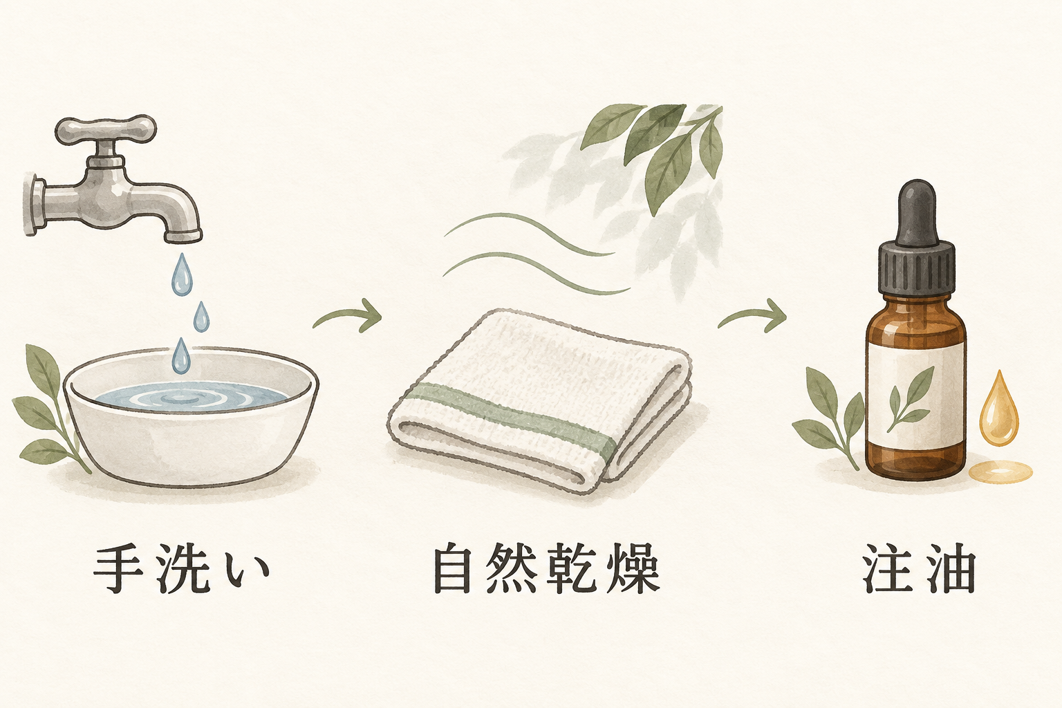 手洗い、自然乾燥、注油の順を示す補助イラスト。
