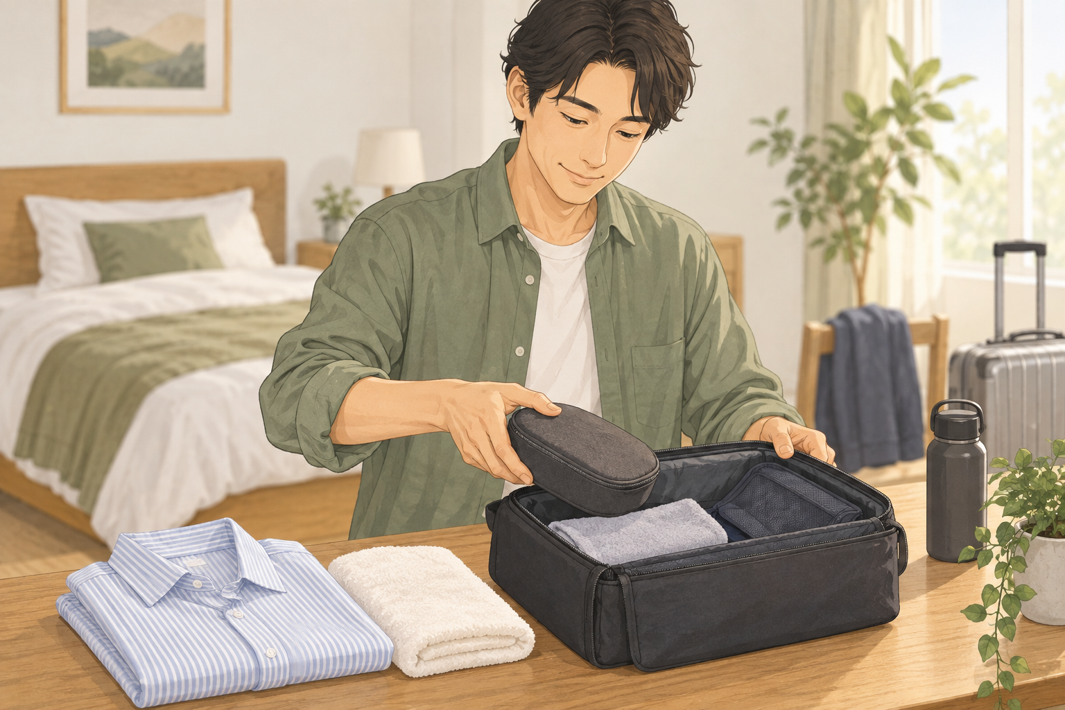 男性が出張のかばんへ身支度用品のケースをまとめる生活場面