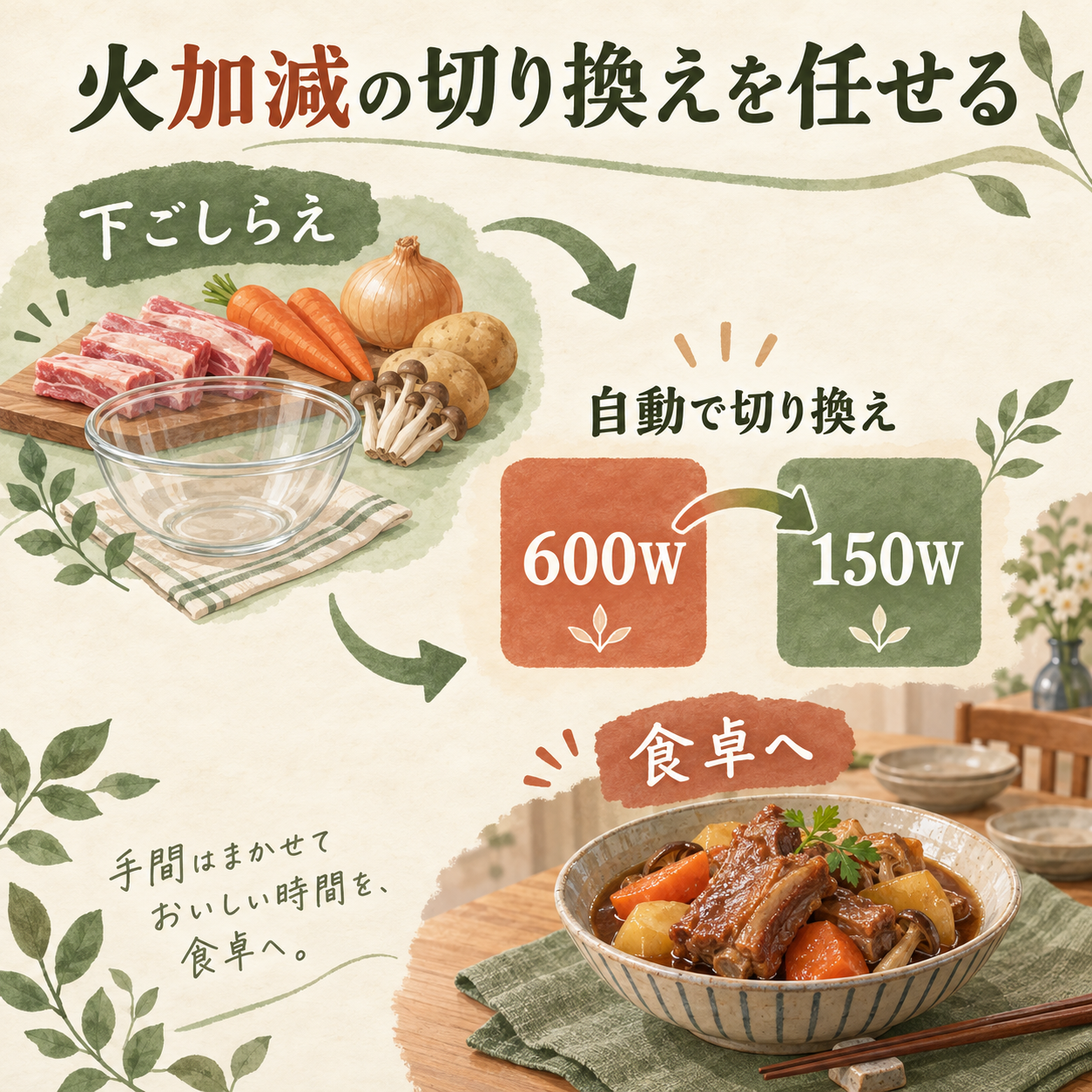 下ごしらえ後、600Wから150Wへの自動切り換えを使い食卓へつなぐ、とろ火煮込みの概念図。