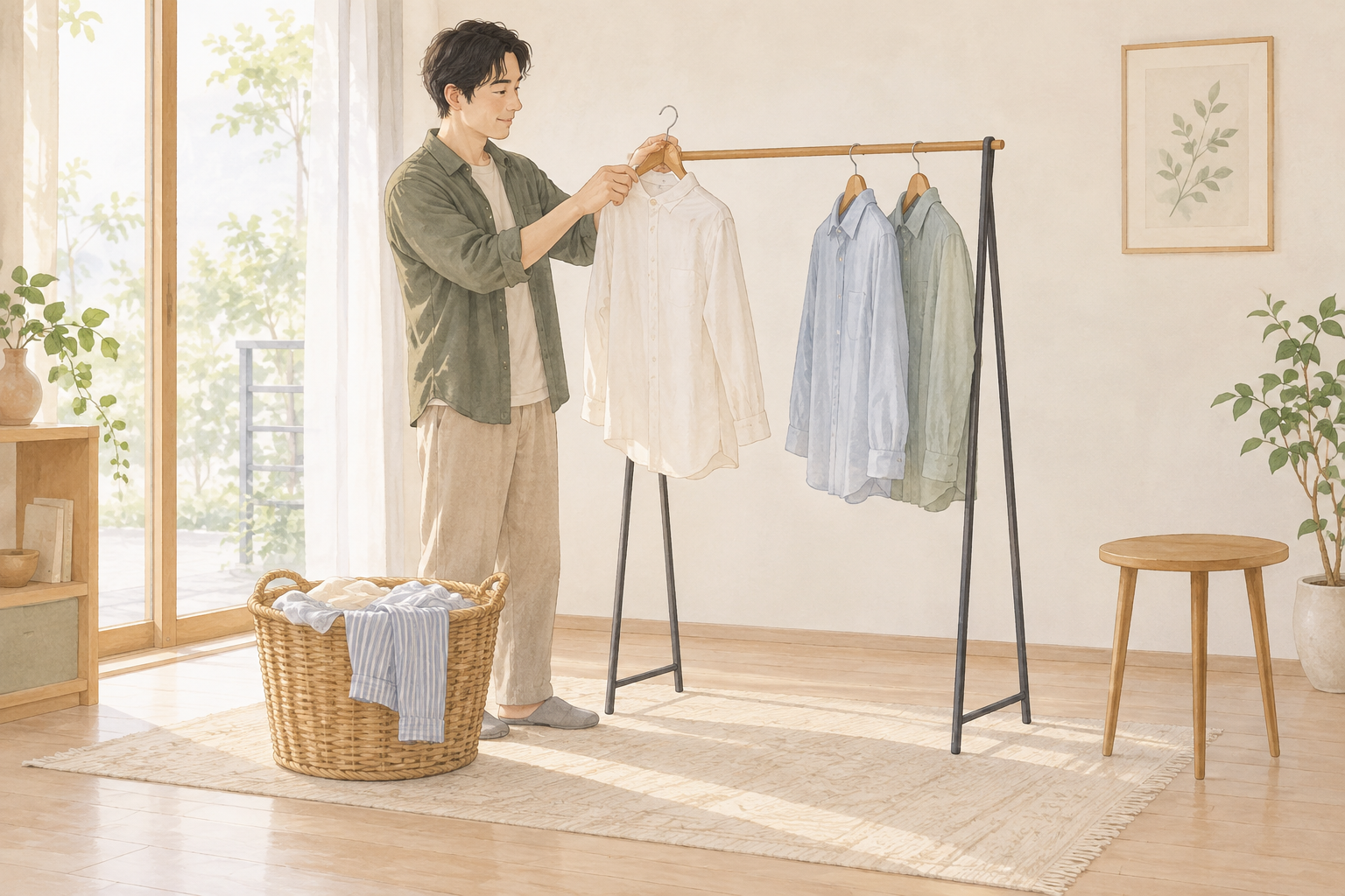 複数のシャツを自立式ハンガーラックへ用意する生活場面。