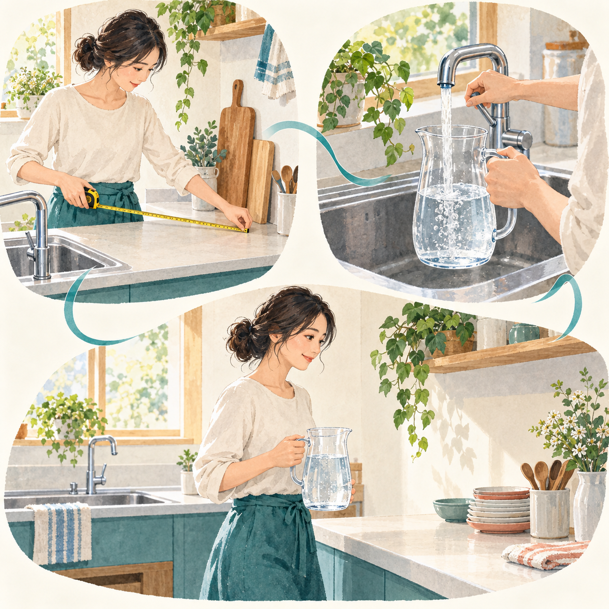 置き場を測り、水をくみ、使う準備をする3場面の生活イラスト