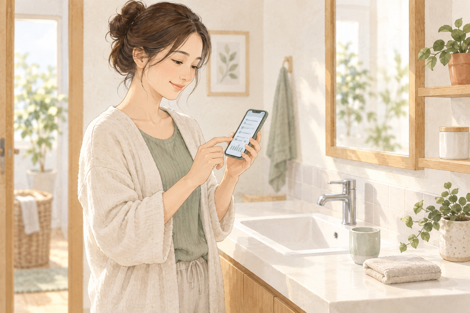 洗面所でスマートフォンの設定や記録を確認する生活場面。特定の公式アプリ画面や実機の再現ではない。