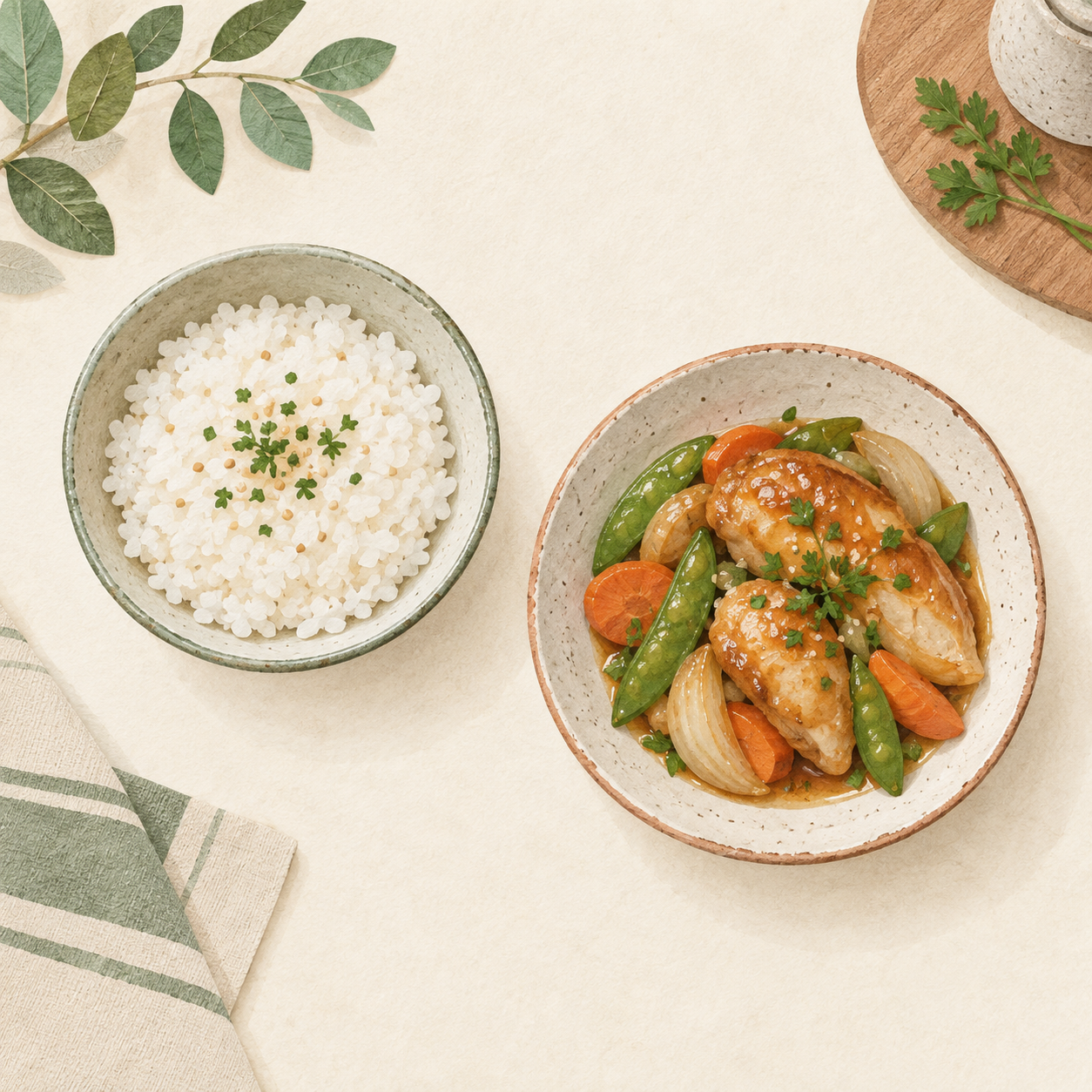 ごはんと主菜の二品を並べたイメージ
