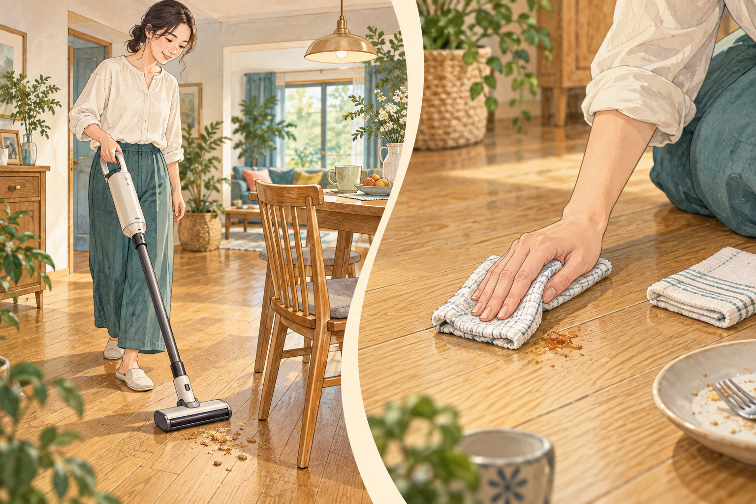 乾いたゴミの吸引と、こびり付きを手で拭く作業を分けたイメージ