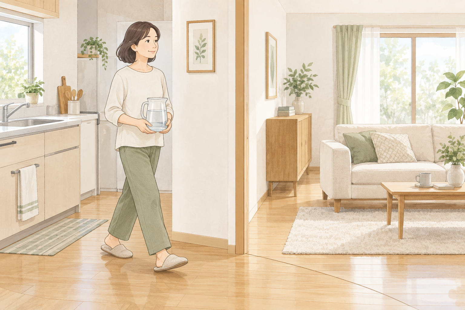 水道のある台所から居室へ、水差しを両手で支えて運ぶ人物の概念イラスト。製品・付属品は描いていません。