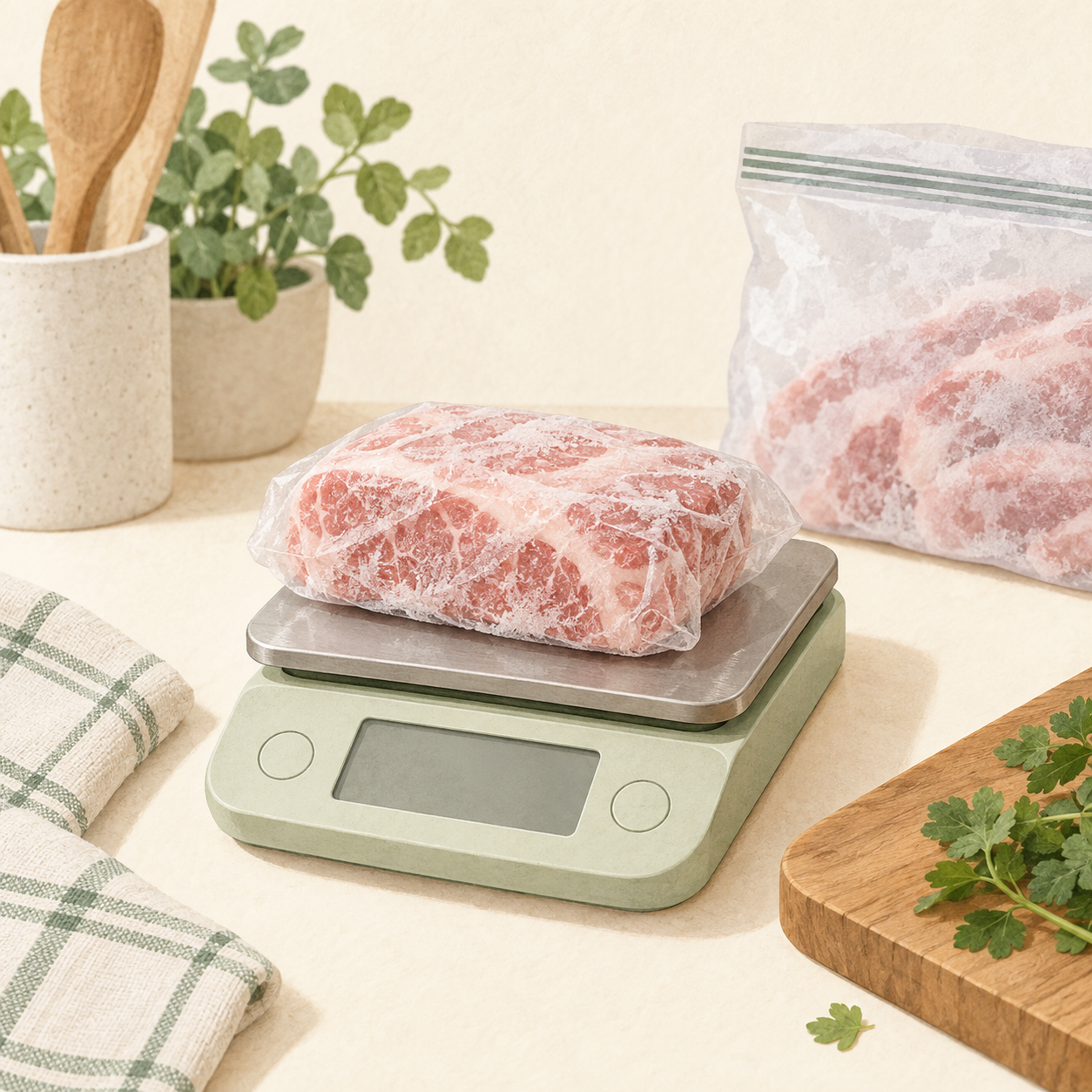 解凍前に食品の重さを確認するイメージ