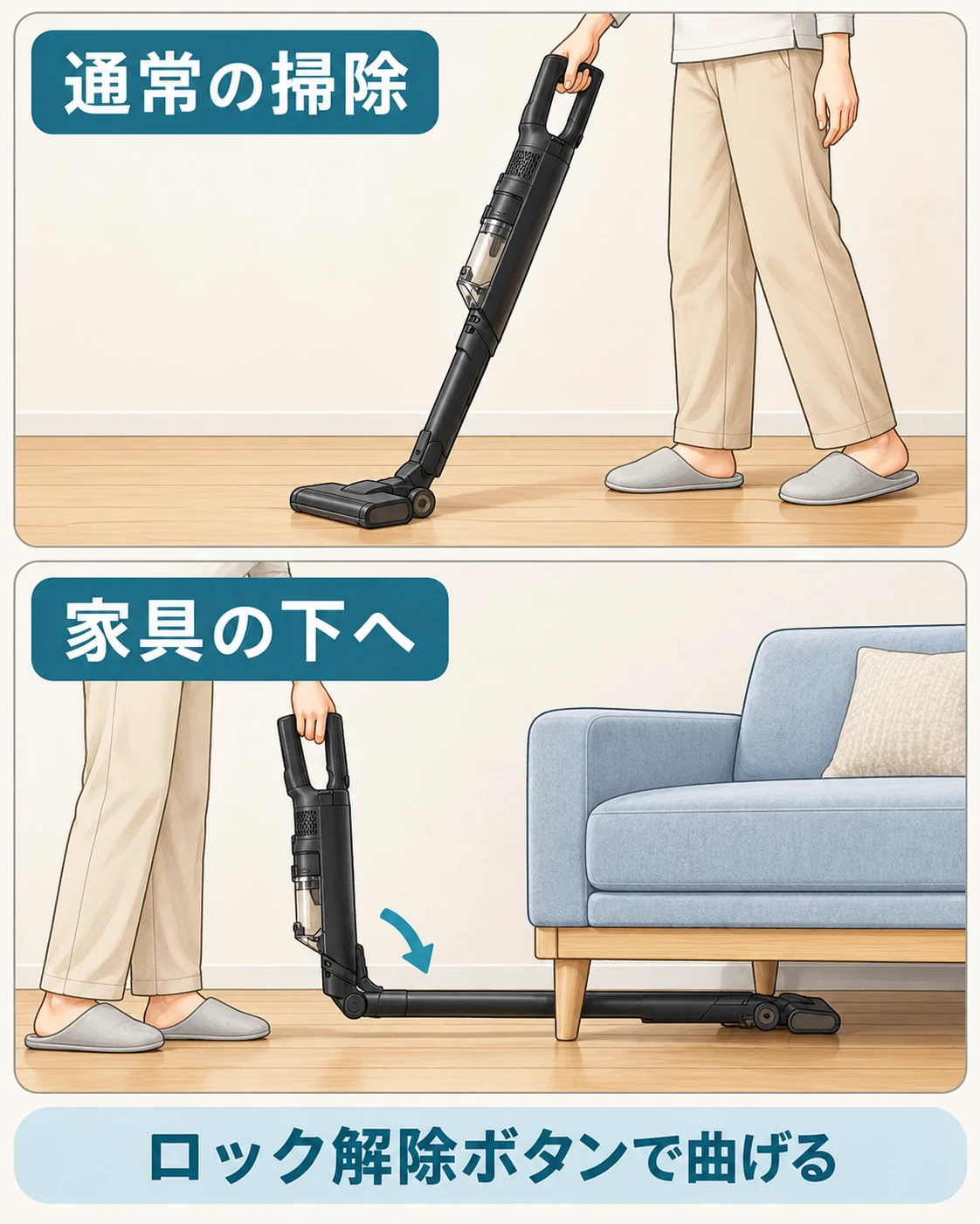 LC950JBKのFLEXでパイプを曲げて家具の下を掃除する様子
