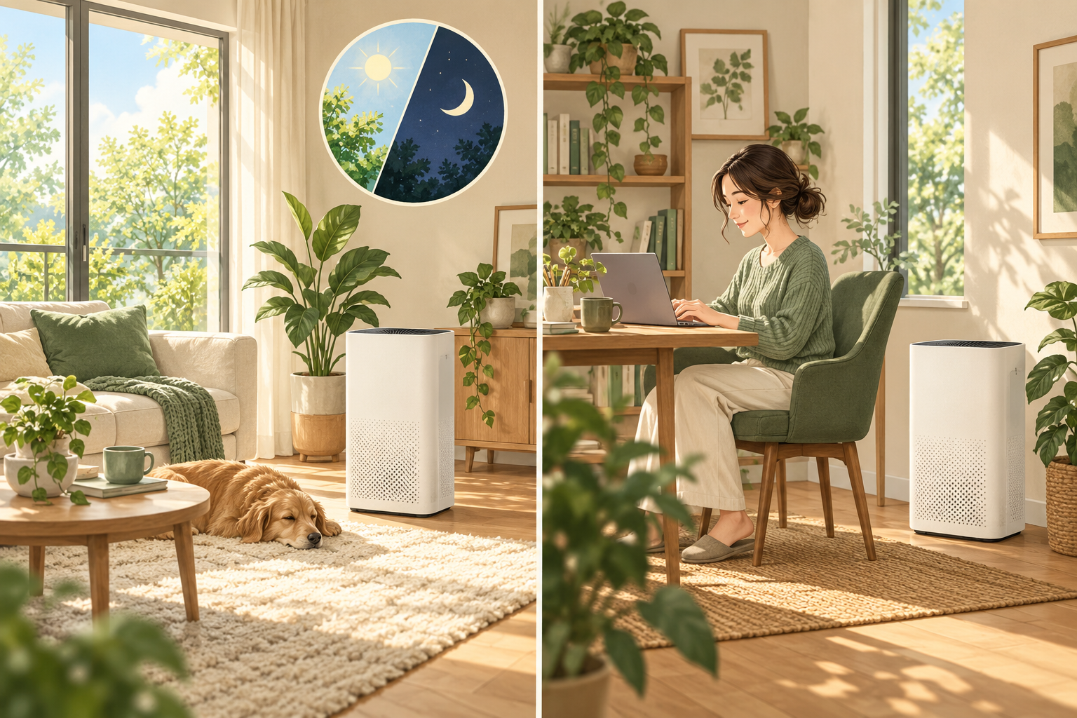 昼夜のリビングと、昼間の仕事部屋で空気清浄機を使う生活場面のAIイラスト