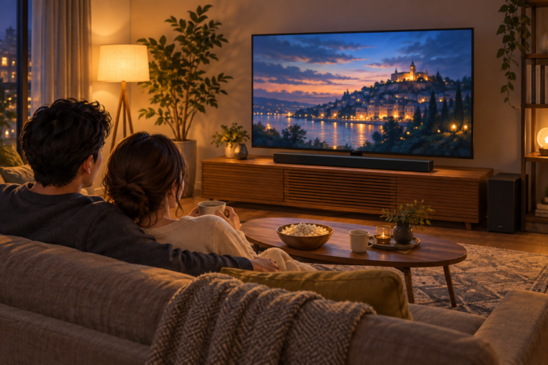 テレビ前のバーと別体箱の置き場所を考える夫婦の生成イラスト。実商品・試聴・測定結果の写真ではありません。