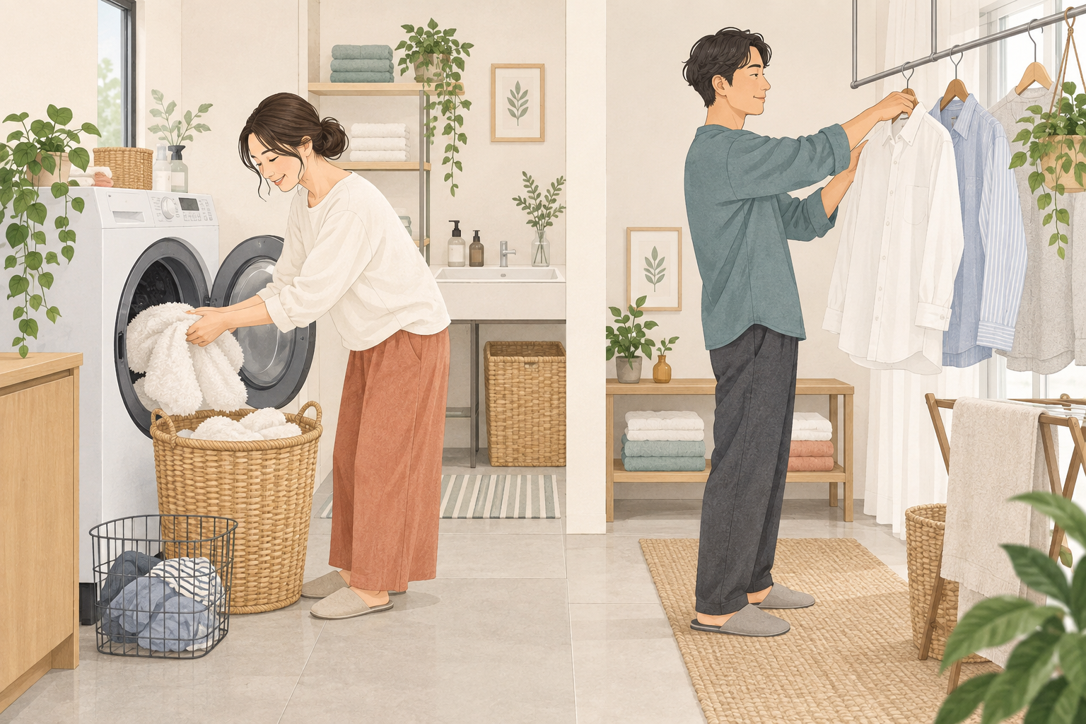 乾燥後にタオルを取り出す人と、シャツを干す人の暮らし