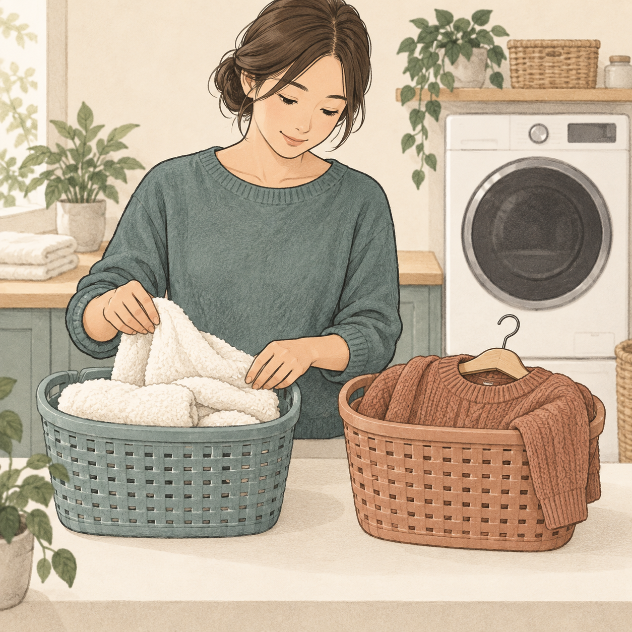 タオルとニットを別のかごへ仕分けする場面