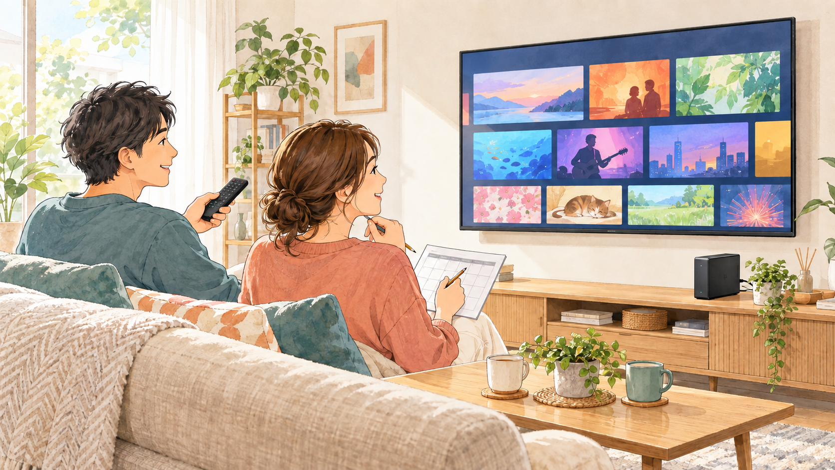 リモコンと予定表を使い、番組の録画方法を考える家族のイラスト