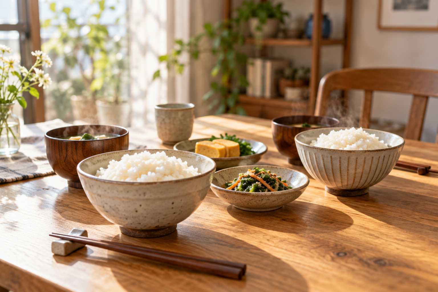 二人分のごはんを想像する食卓の生成イラスト。実商品の写真・試食結果ではありません。