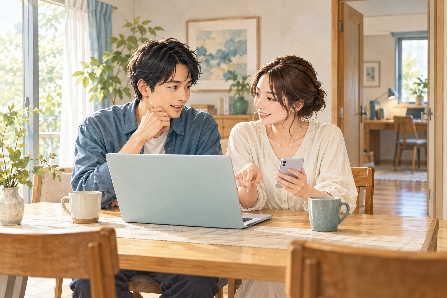 家族がノートPCとスマートフォンの使い方を相談する生成イラスト。実商品・実使用・実測結果の写真ではありません。